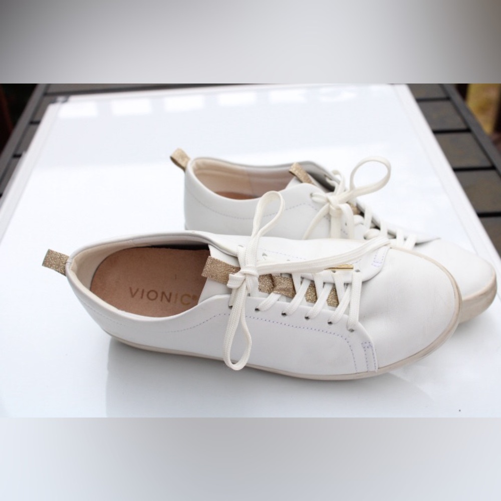 Vionic White Leather Low-Top Sneakers with Gold Accents - Picture 7 of 12
